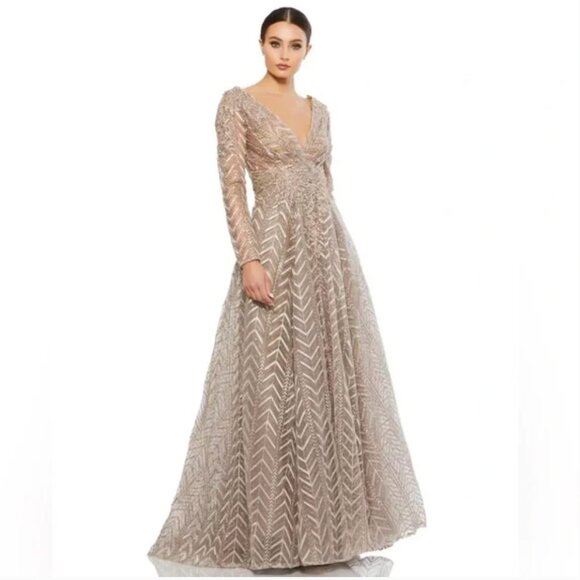 Mac Duggal Embellished Illusion 18 Long Sleeve Taupe A-line Gown Sparkly Taupe - Picture 1 of 7